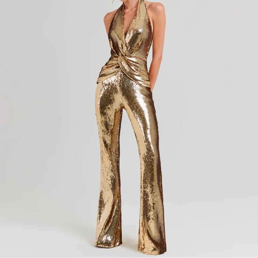NEW! Elegant Gold Sequin Halter Jumpsuit